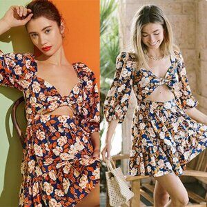 NWT Amur Medina Cutout Floral-Print Organic Stretch-Cotton Mini Dress Indigo